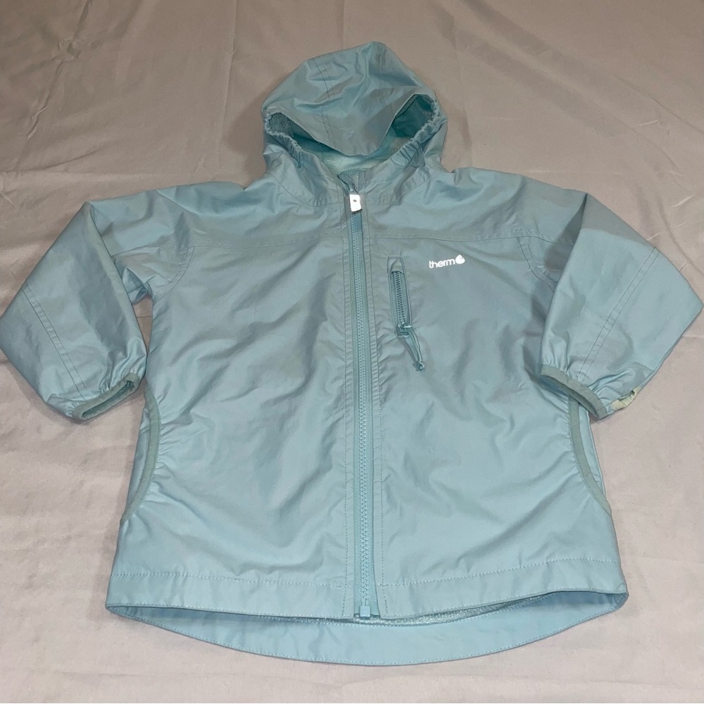 Therm Kids Rain‎ Jacket Size 4 Light Blue Hooded Windbreaker Recycled Polyester